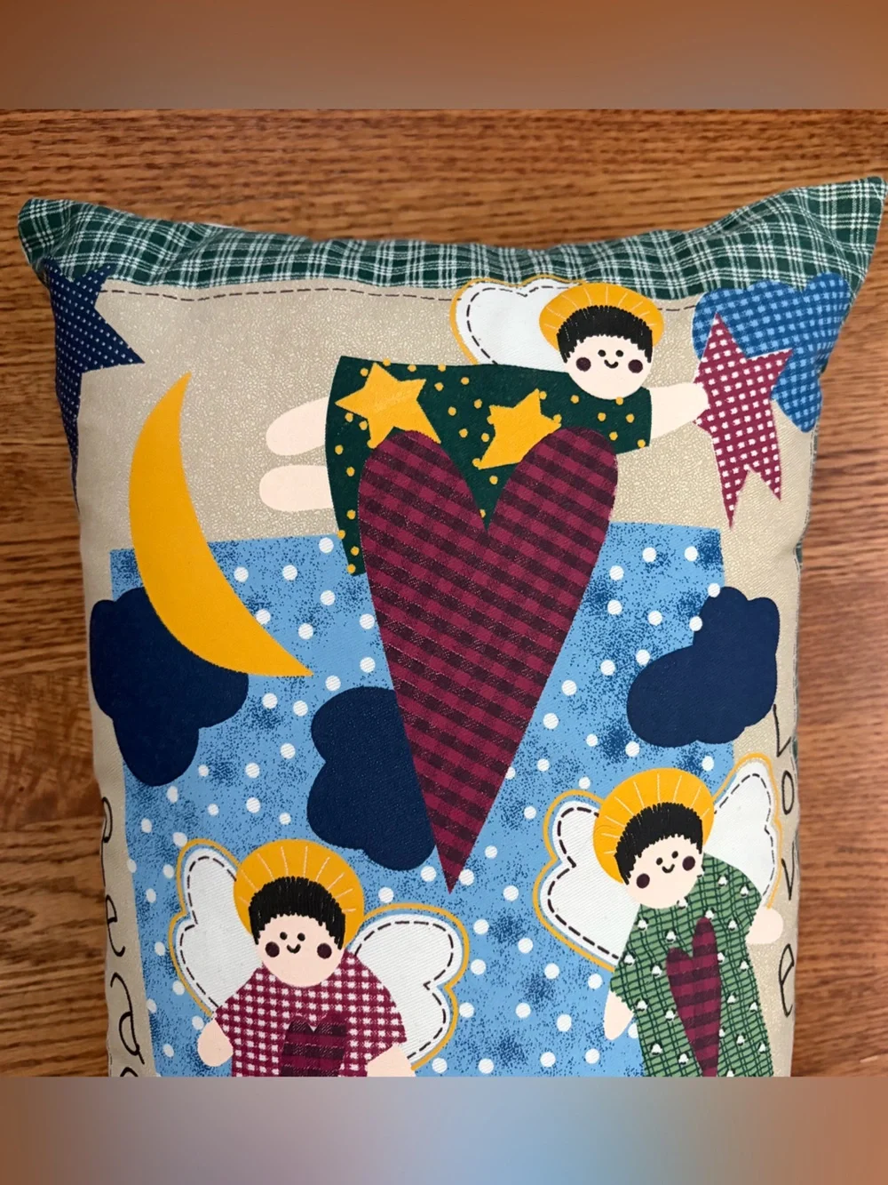 Vtg Leslie Beck Christmas Throw Pillow Cranston VIP Fabric Panel Folk Art Angel